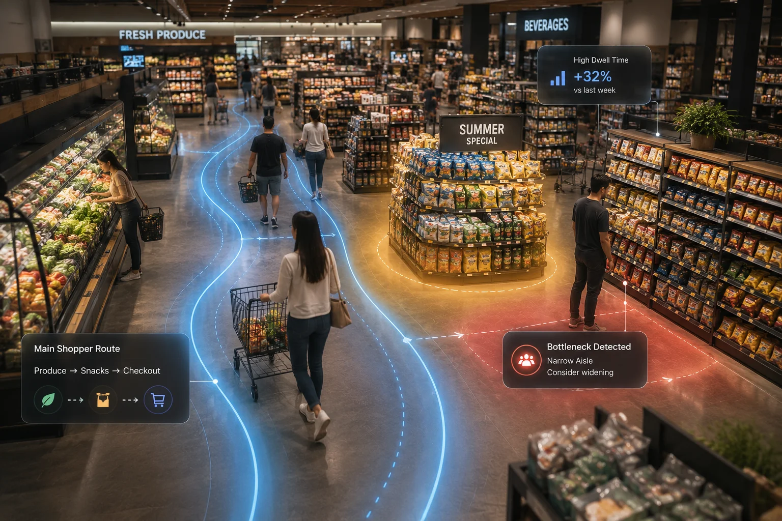 Supermarket floor heatmap showing shopper flow paths
